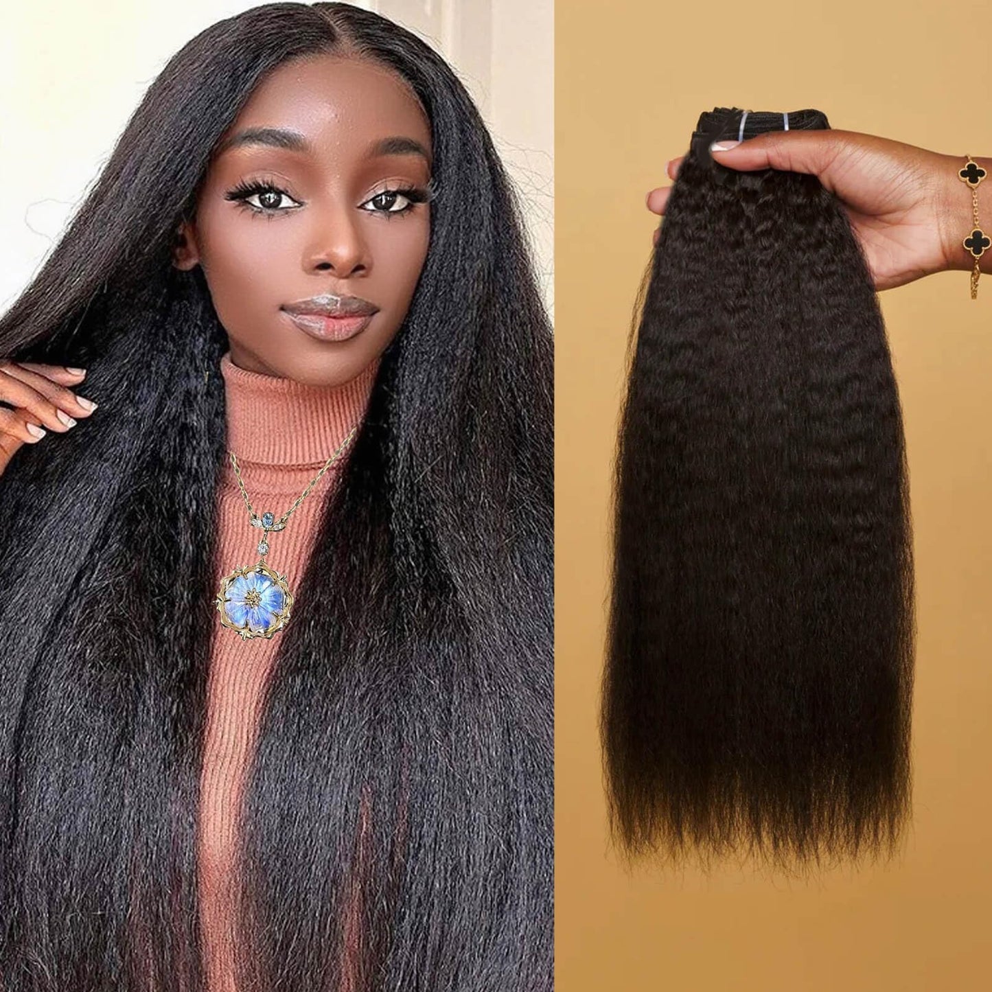 Kinky Straight Bundles Human Hair Yaki Straight Bundles 100% Unprocessed Brazilian Virgin Remy Hair for Black Women Natural Black Color (16 inch)