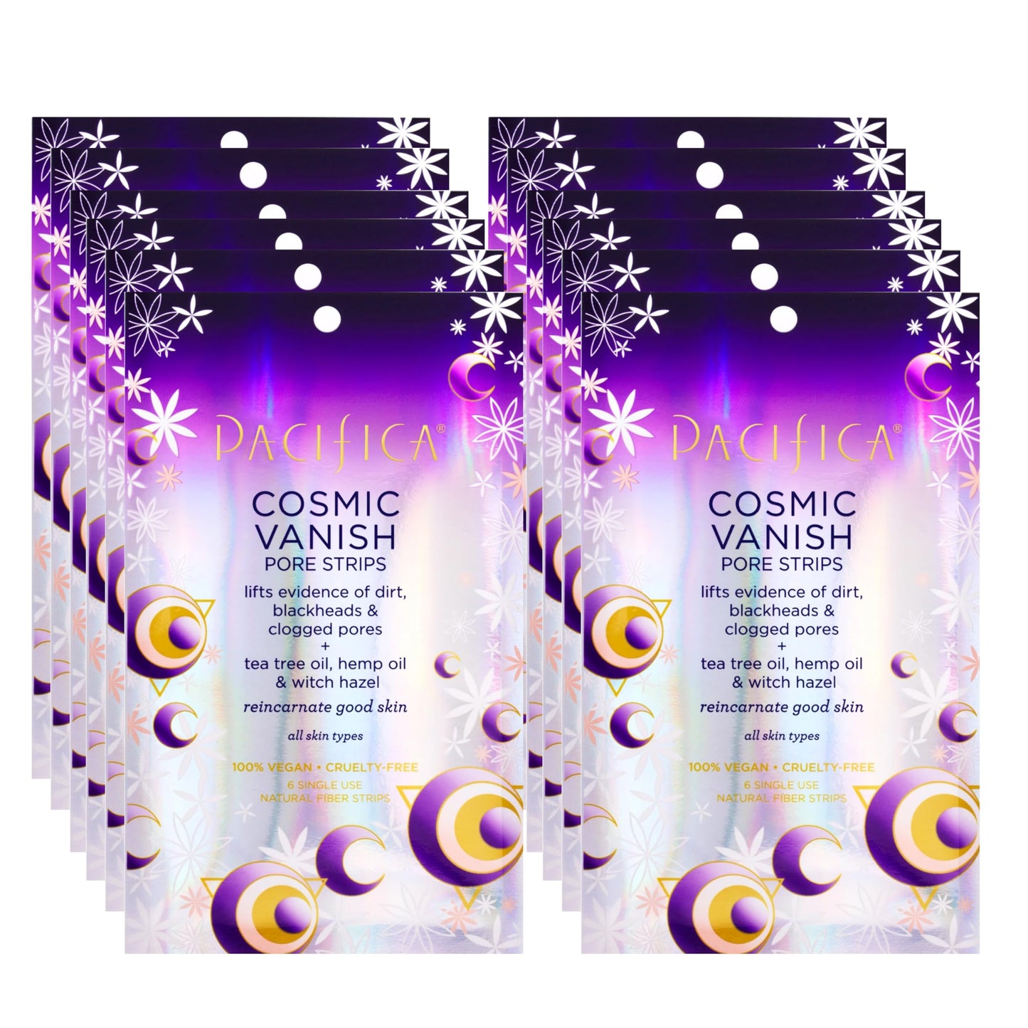 Pacifica - Blackhead Remover Pore Strips - 12-PACK Cosmic Vanish - for Nose, Chin & Forehead - Deep Cleansing Nose Strips w/Instant Pore Unclogging - Oil-Free Vegan Dermatologist Tested