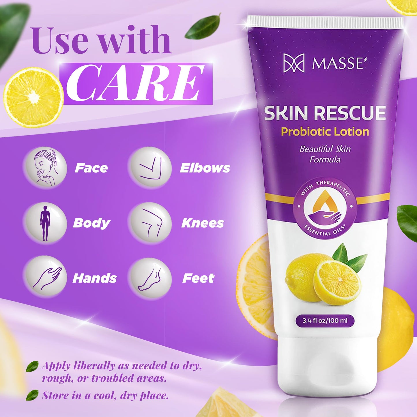 Candida Freedom Massey's Skin Rescue Probiotics Lotion - Daily lotion for Men & Women - Refreshing Lemon Scent - Non-Greasy Moisture for Smooth & Sensitive Skin - 3.4 oz