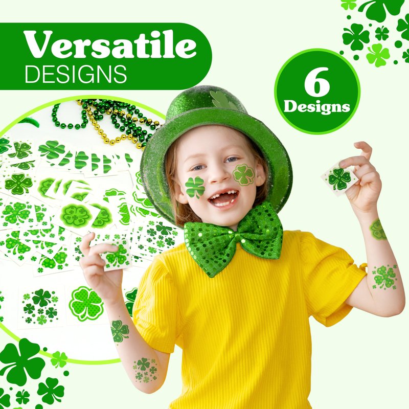 4E's Novelty 72 Shamrock Temporary Tattoos Individually Wrapped Bulk, St Patricks Day Tattoos for Kids, Party Favors for Kids Gifts Adults Face Stickers Saint Pattys Irish Parade Green Accessories