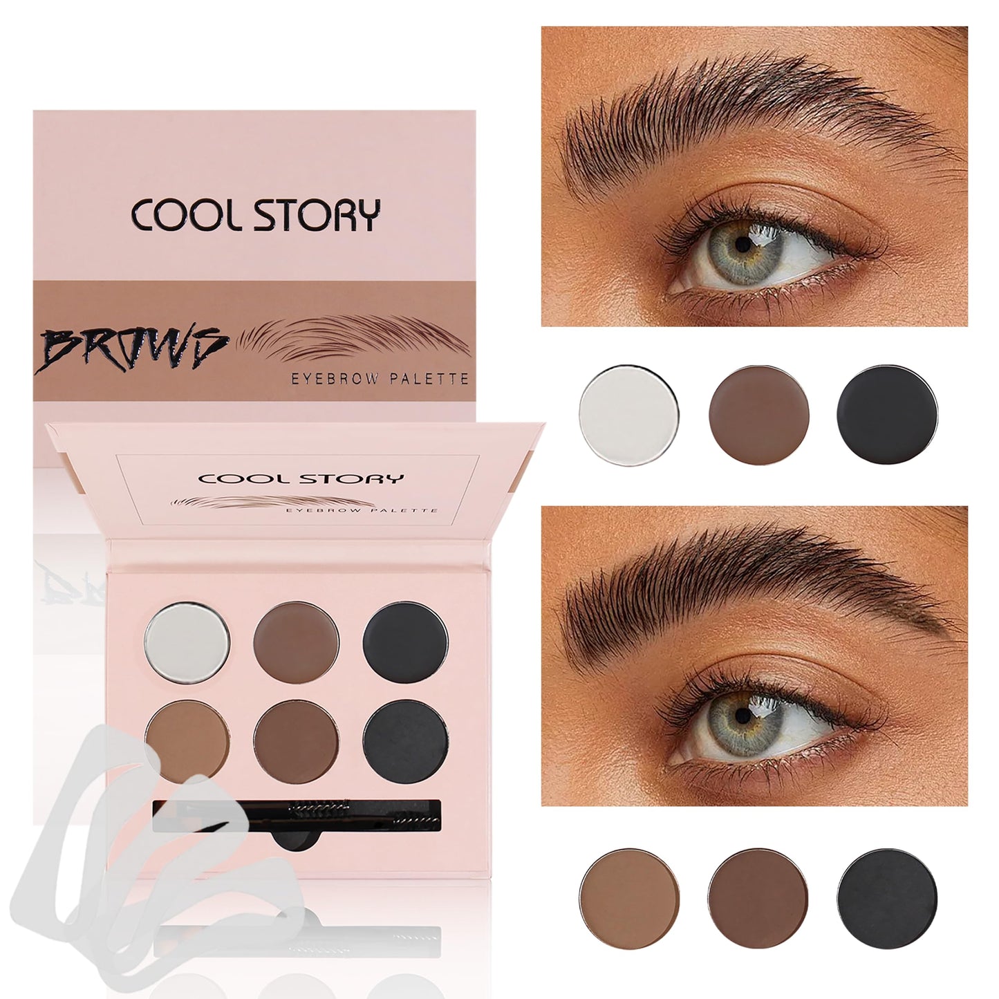 6‑Color Eyebrow Powder & Pomade Palette, Waterproof Long Lasting Brow Styling Kit with Clear Brow Gel, 10 Reusable Eyebrow Stencils & 2 Double‑Ended Brushes, Natural Brow Shaping Makeup for Beginners