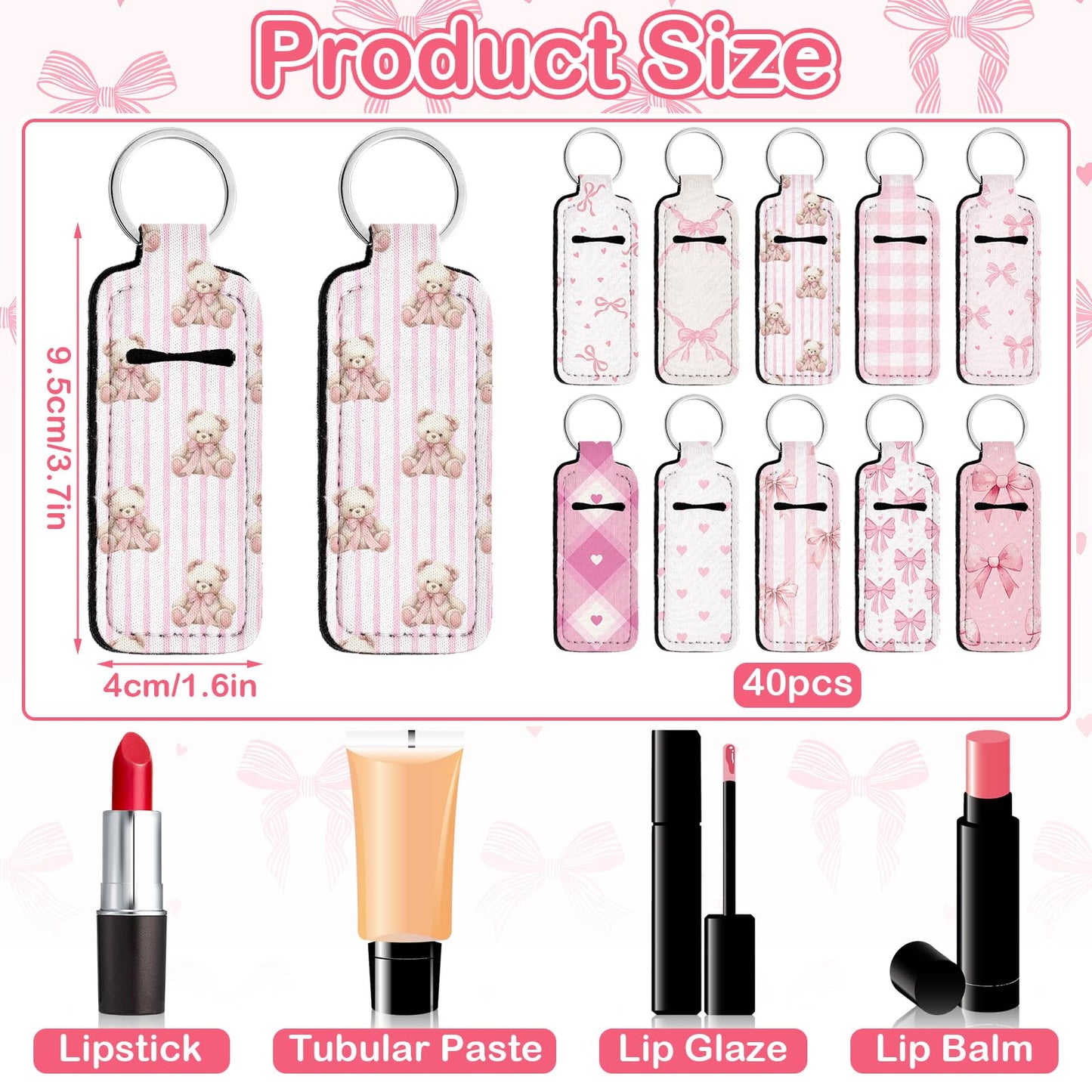 Quelay 40 Pcs Pink Lipstick Holder Keychain Bulk Preppy Bow Lip Gloss Sleeve Lip Balm Holder Gifts for Women(Bow Bear)