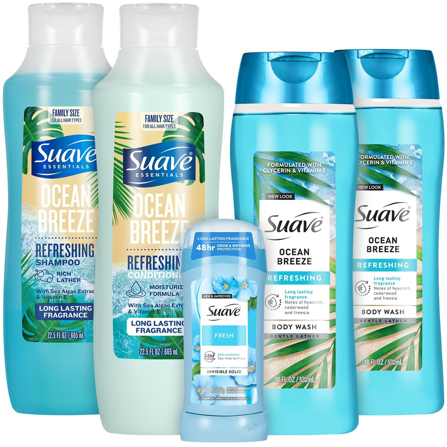 Suave Body Wash 2-Pack, Shampoo & Conditioner, Ocean Breeze + Fresh Antiperspirant Deodorant for Women (5 Piece Set)