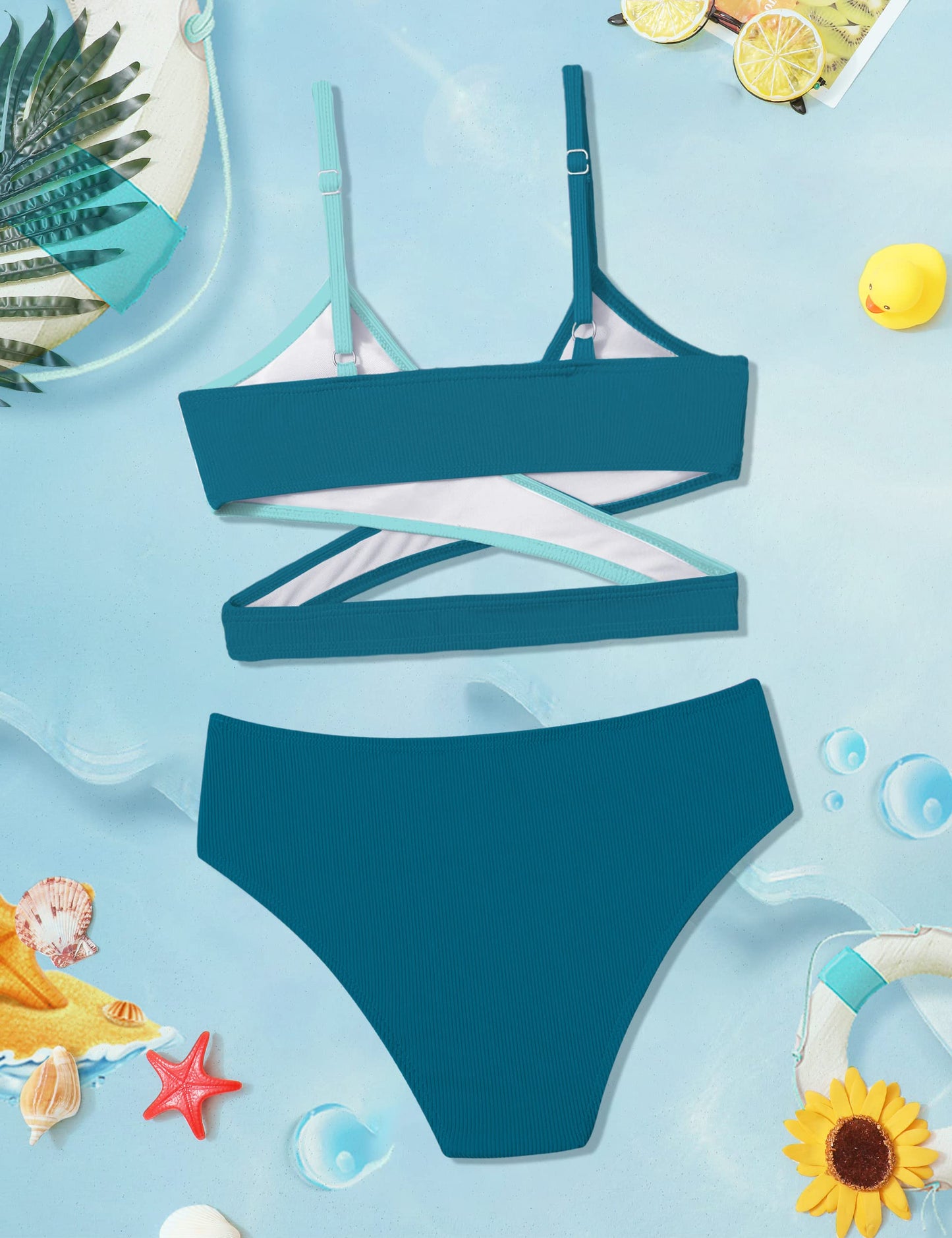 Aulyffo Girls Bathing Suits Size 10-12 Girl Swimsuits Size 10-12 Two Piece Criss Cross Bikini V-Neck Adjustable Shoulder Straps Girls' Swimwear Blue
