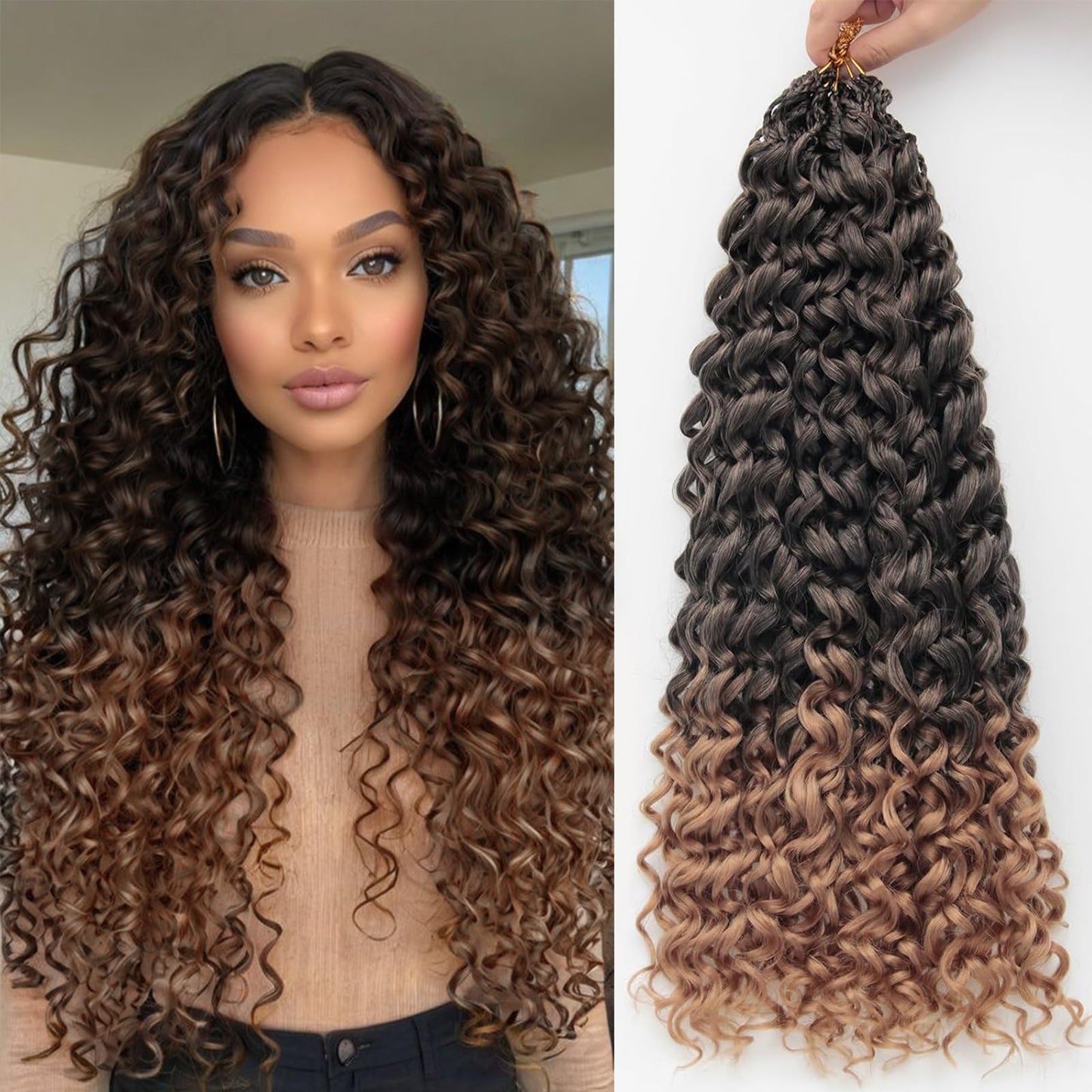 Gogo Curl Crochet Hair 8 Packs Ocean Wave Beach Curl Crochet Hair 24 Inch Pre Looped Long Deep Wave Hair Extension Synthetic Braiding Hair for Women Natural Black 1B/27