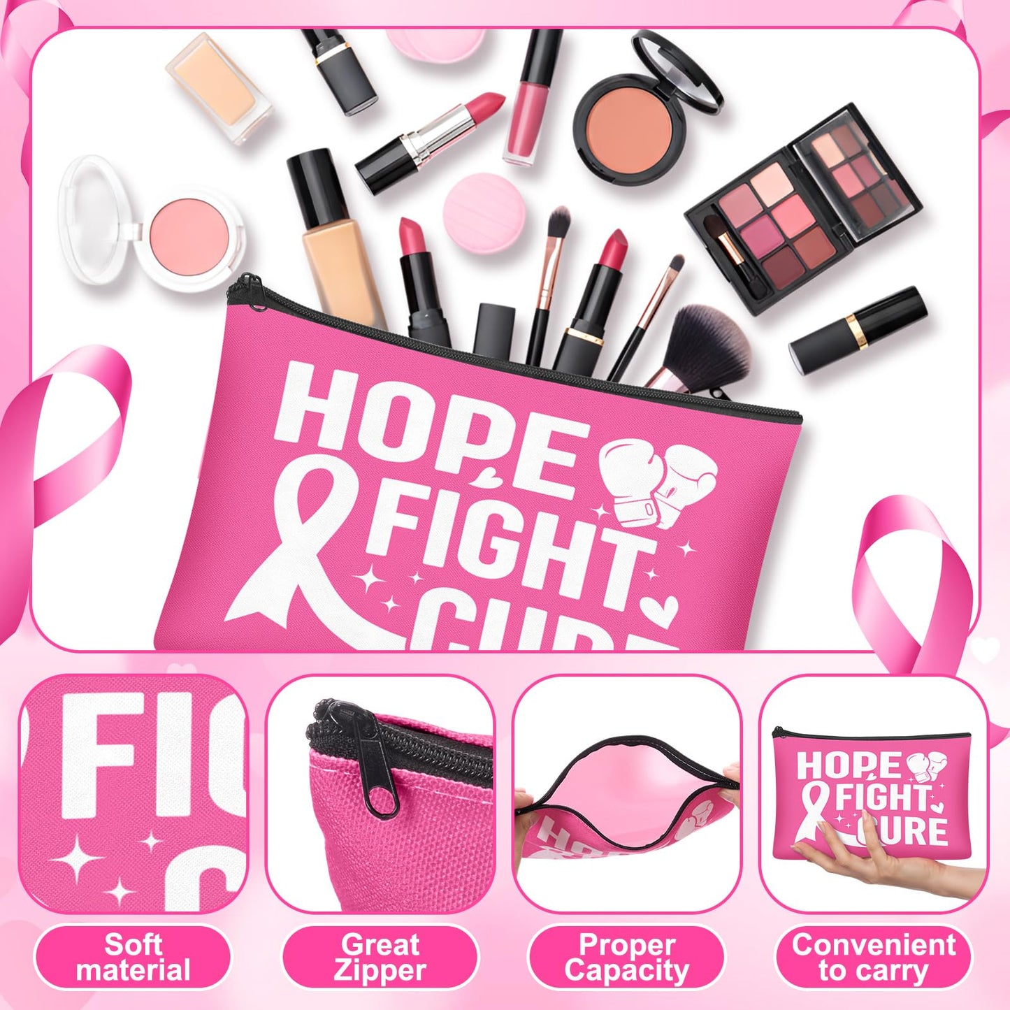 Chicingyou 36 Pcs Breast Cancer Care Gifts Set Bulk Pink Ribbon Keychain Women Socks Makeup Bag Chemo Gifts Breast Cancer Awareness Accessories for Friends Family