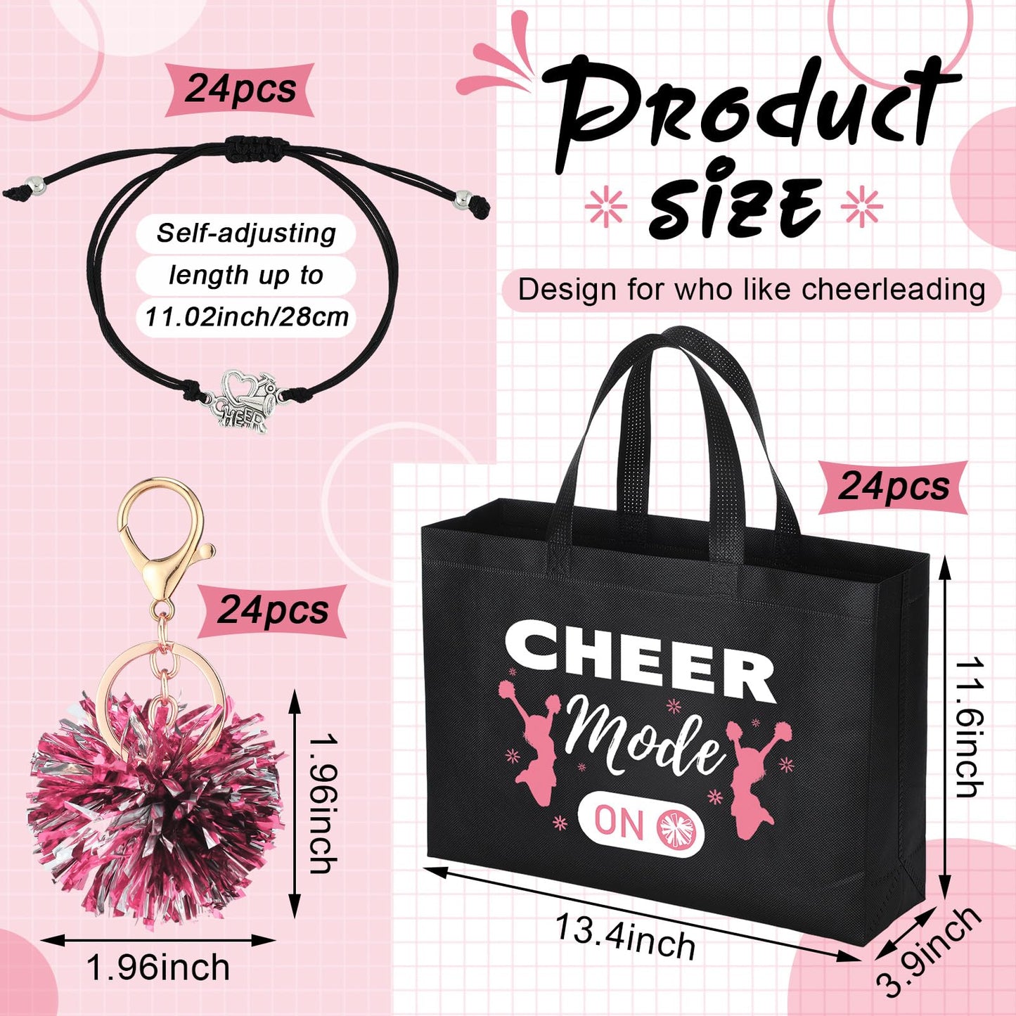 Landical 72 Pcs Pink Cheerleading Gifts 24 Cheer Bags Portable 24 Pom Pom Keychain 24 Cheerleading Bracelet Canvas Makeup Bag Bulk Cheer Gifts Female Teammates Toiletries Accessories