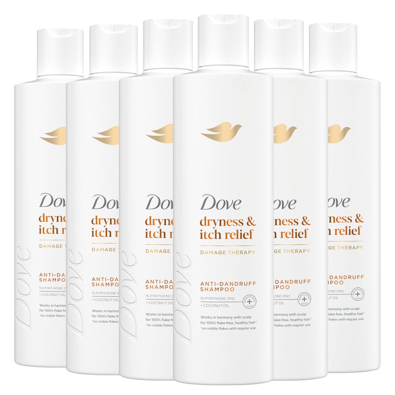 Dove Damage Therapy Derma Shampoo Pack of 6 Dryness + Itch for Flaky Scalp with Pyrithione Zinc and Coconut Oil 12 Fl Oz