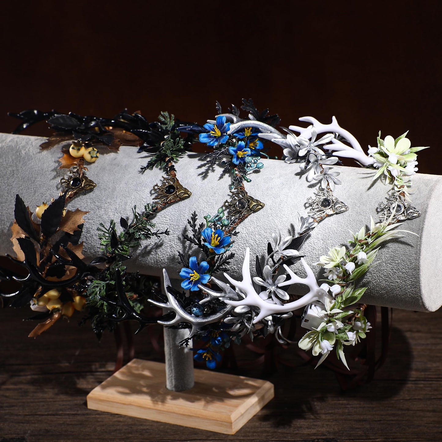 MOSTORY Light up Fairy Crown - Silver Antler Crown Flower Heapiece Elf Floral Circlet Woodland Headband for Women Halloween Outfit Renaissance Ren Faire Cosplay Photo Shoot