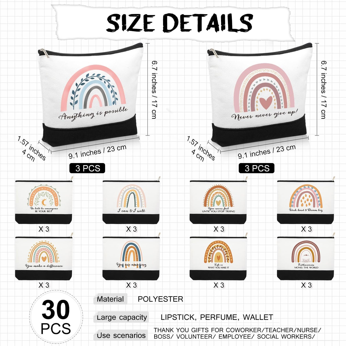 Sieral 30 Pcs Graduation Gifts Bulk CNA week Gifts Rainbow Canvas Makeup Bags for Women Appreciation Inspirational Cosmetic Bags Thank You Gift for Employee Coworker Office Must Have(Motivational)