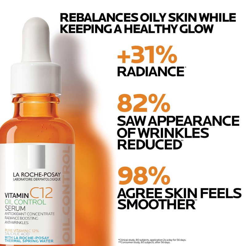 La Roche-Posay Pure 12% Vitamin C Oil Control Serum For Face With Hyaluronic Acid & Salicylic Acid, Hydrating Face Serum for Oily & Combination Skin, Boost Radiance & Reduce Wrinkles