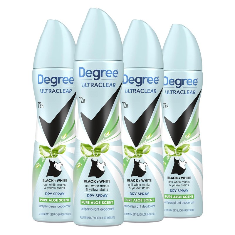 Degree UltraClear Antiperspirant Deodorant Dry Spray 4 pack for 72h Nonstop Sweat Protection For Women Pure Aloe Scent Anti White Marks And Yellow Stains 3.8 Oz