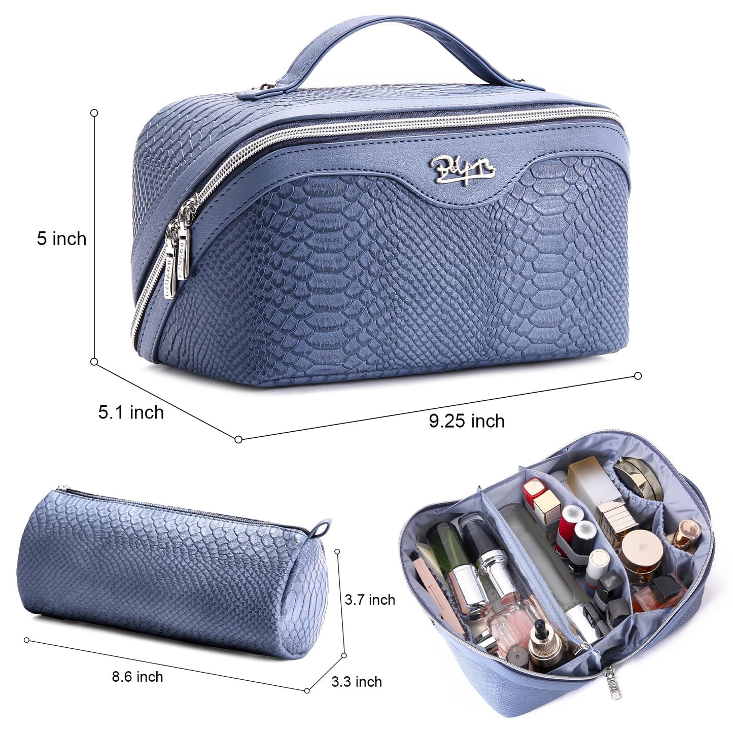 BOYATU Travel Makeup Bags for Women: 3 Pcs Set Wide Open Cosmetic Bag - Portable Make up Bags with Handle - Vegan Leather Toiletry Organizer Bag with Divider (G-05-Blue)