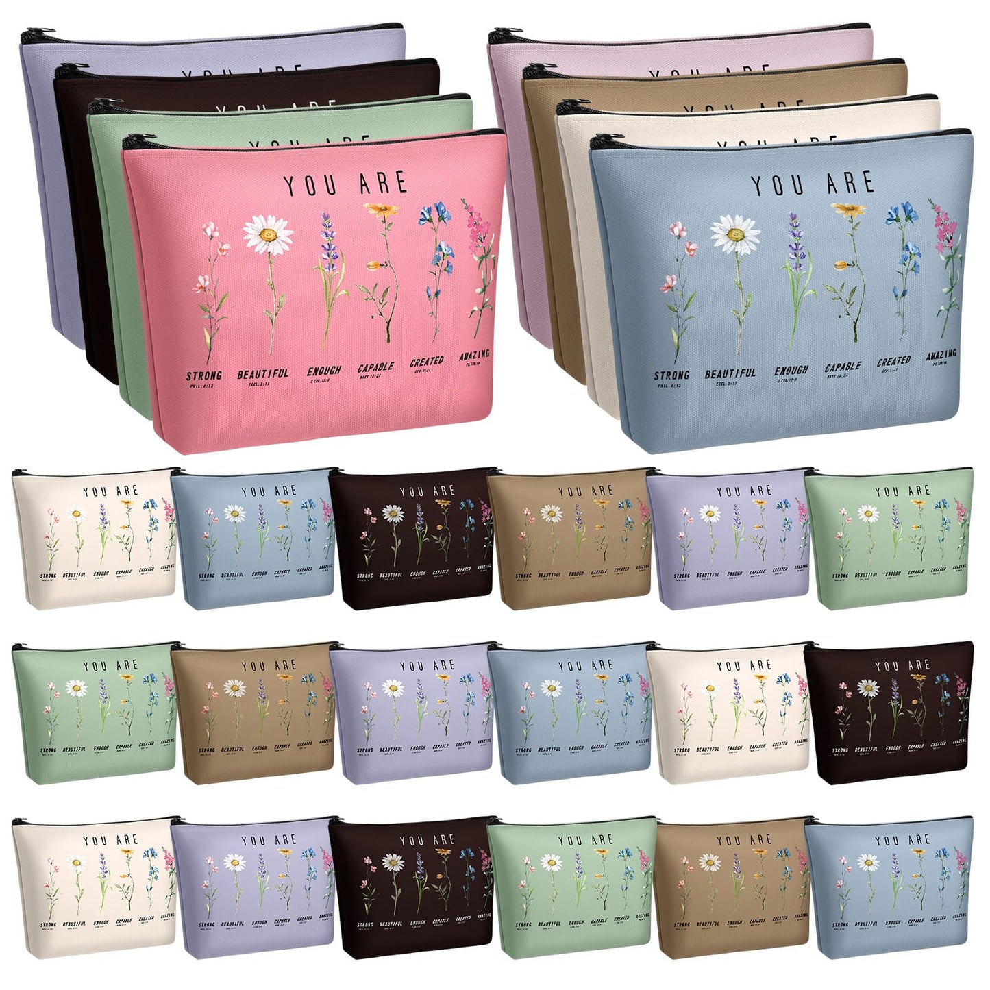 Frienda 24 Pcs God Says You Are Cosmetic Bags for Women Bible Verse Floral Makeup Case Inspirational Religious Bags Affirmations Christian Gifts for Mother's Day Birthday Easter Day(Natural Color)