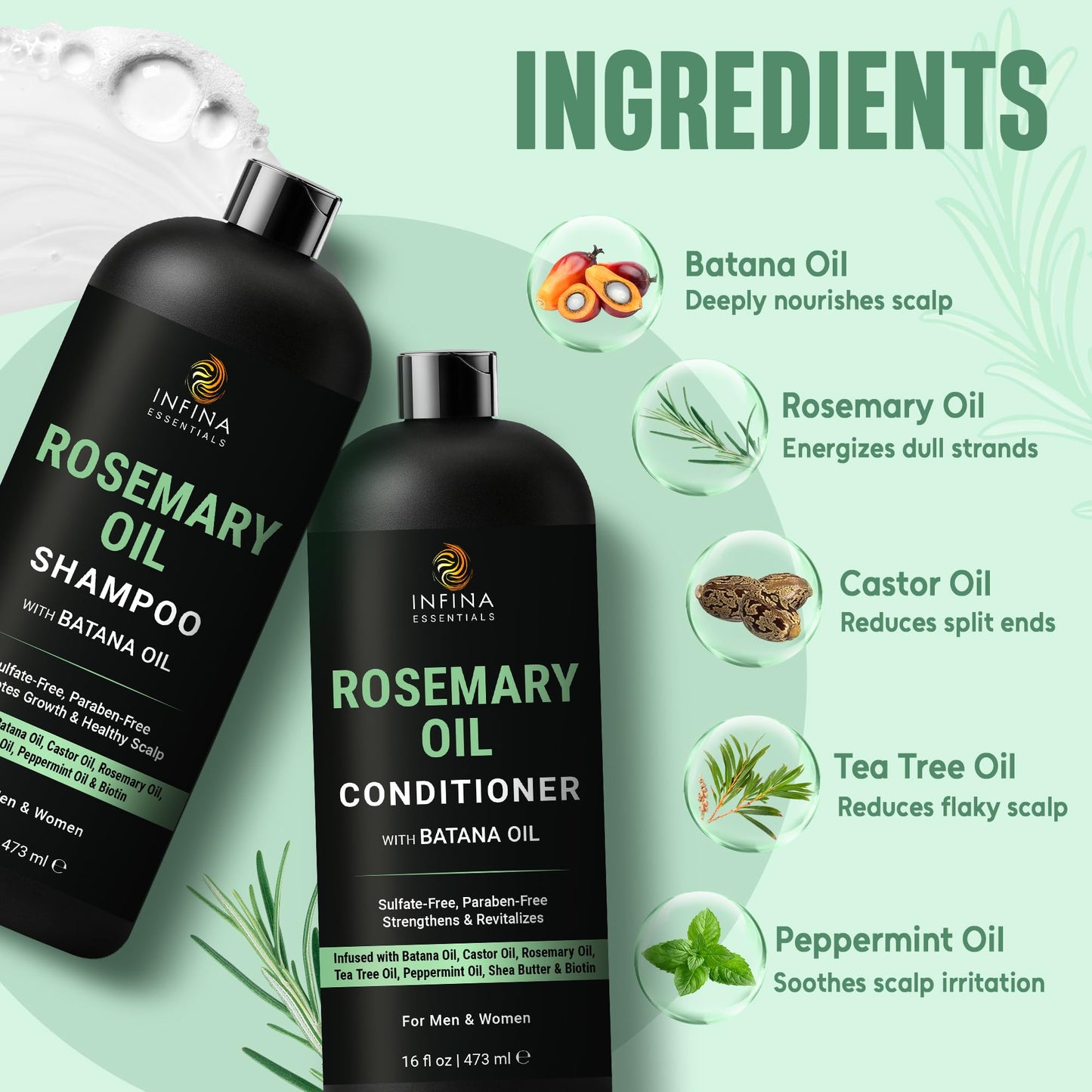 INFINA ESSENTIALS Rosemary Oil Shampoo and Conditioner Set | 16 fl oz Each | with Batana Oil & Biotin | Sulfate-Free Thickening Formula for Thinning Hair | For Men & Women