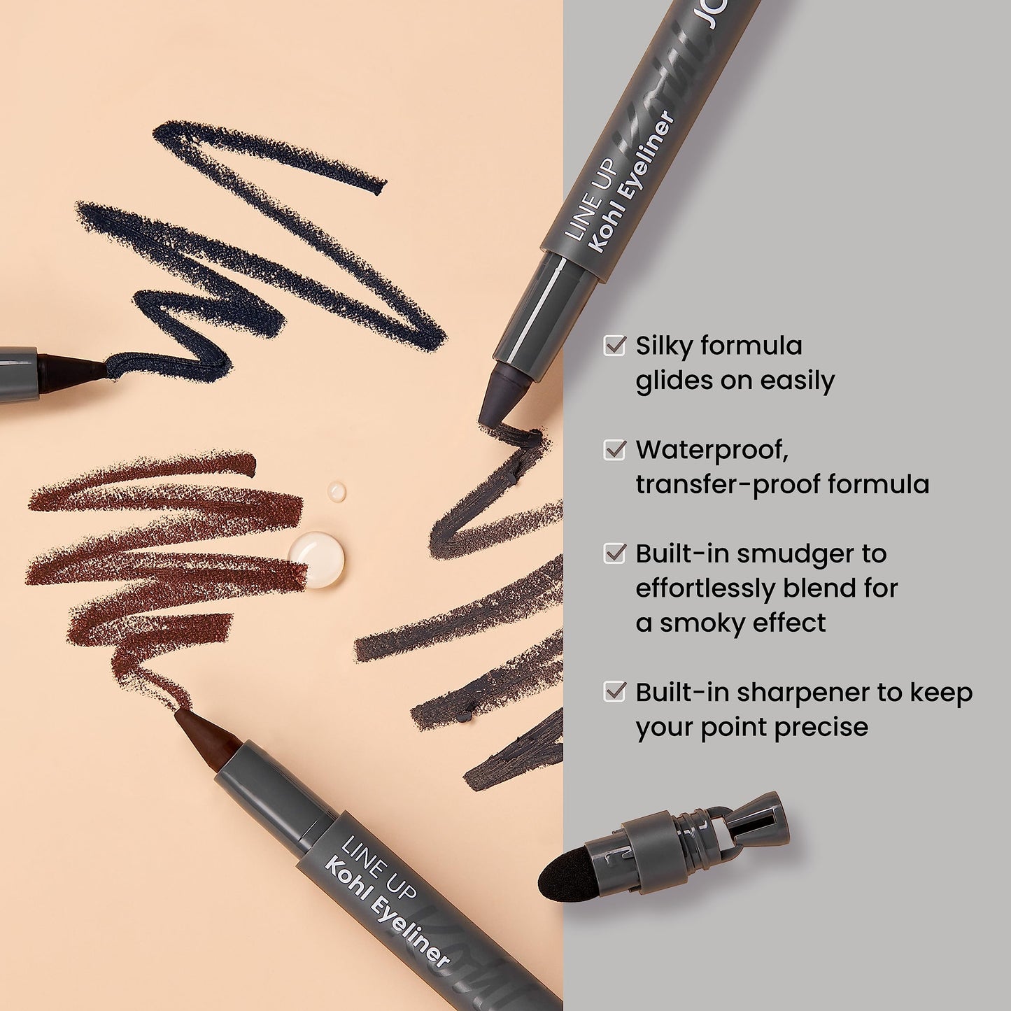 JOAH Beauty LINE UP Kohl Eyeliner, Ultra-Smooth & Highly Pigmented Silky Formula, Argan Oil Infused, Longwear, Transfer-Proof, Waterproof, Built-In Smudger & Sharpener - Charcoal