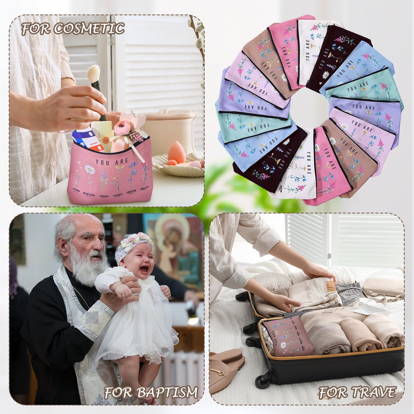 Frienda 24 Pcs God Says You Are Cosmetic Bags for Women Bible Verse Floral Makeup Case Inspirational Religious Bags Affirmations Christian Gifts for Mother's Day Birthday Easter Day(Natural Color)