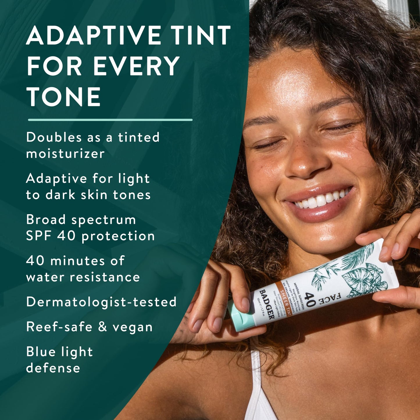 Badger Tinted Sunscreen for Face SPF 40, Lightweight Tinted Mineral Sunscreen w/Sheer Tint Warm Finish for Light or Dark Skin, No White Cast, 80% Organic, Vegan, Water Resistant, Unscented, 1.7 fl oz