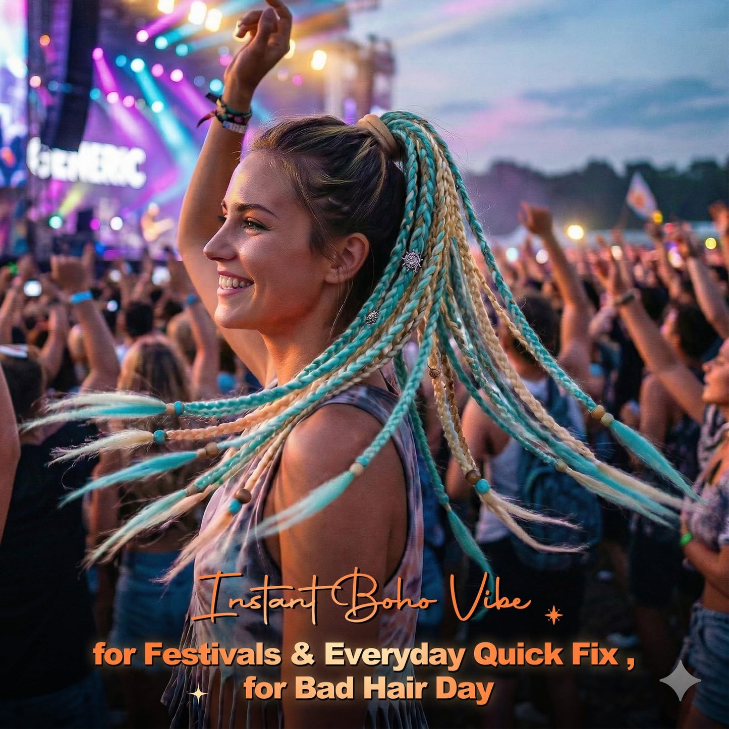 SEIKEA 2PCS Boho Braided Ponytail Extension with Hair Tie, 24" Long Viking Dreadlock Beads Ponytail Hand-braided Braids Hair Extensions Lightweight Natural Synthetic Hairpiece for Festival Cosplay