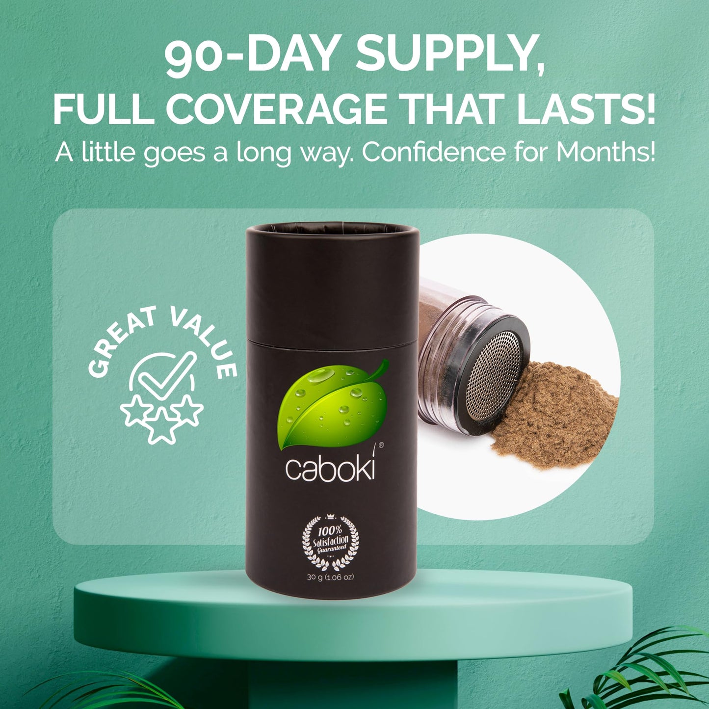 Caboki Hair Fibers for Thinning Hair – Natural Plant-Based Hair Powder for Men & Women – Instantly Thicker Fuller Looking Hair – Clean Ingredients – 30g, 90-Day Supply, Light Brown