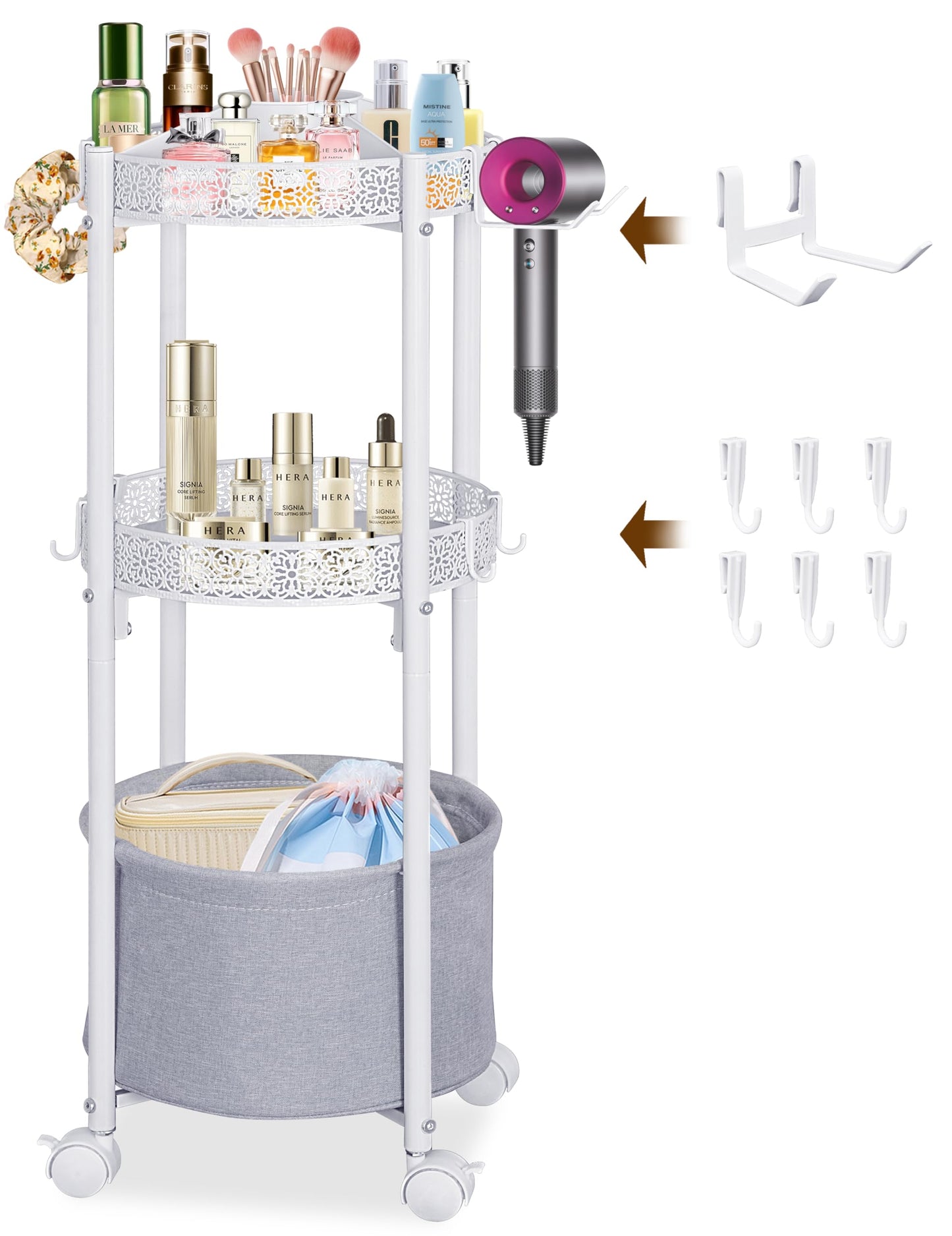 NauwaBarn 3-Tier Round Makeup Cart with Wheels, Rolling Vanity Organizer with Removable Hair Dryer Holder, Small Space Beauty Storage Cart for Skincare, Perfume, Nail Polish & Hair Tools, White