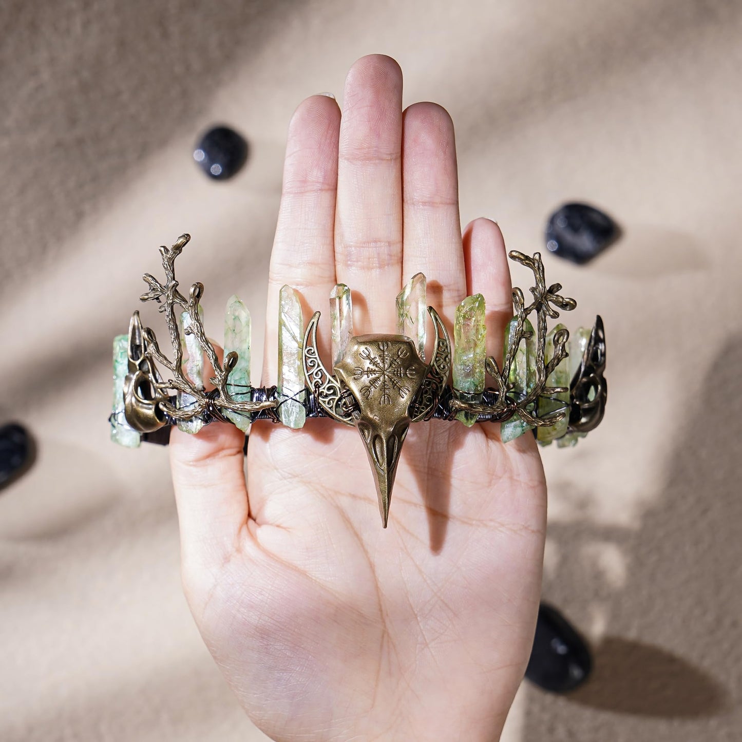 CoTeeZa Green Fairy Crystal Crown - Handmade Raw Quartz Tiara with Bronze Crow Branch Moon Elf Headpiece Fantasy Forest Witch Crown Wedding Renaissance Halloween Cosplay Woodland Headband