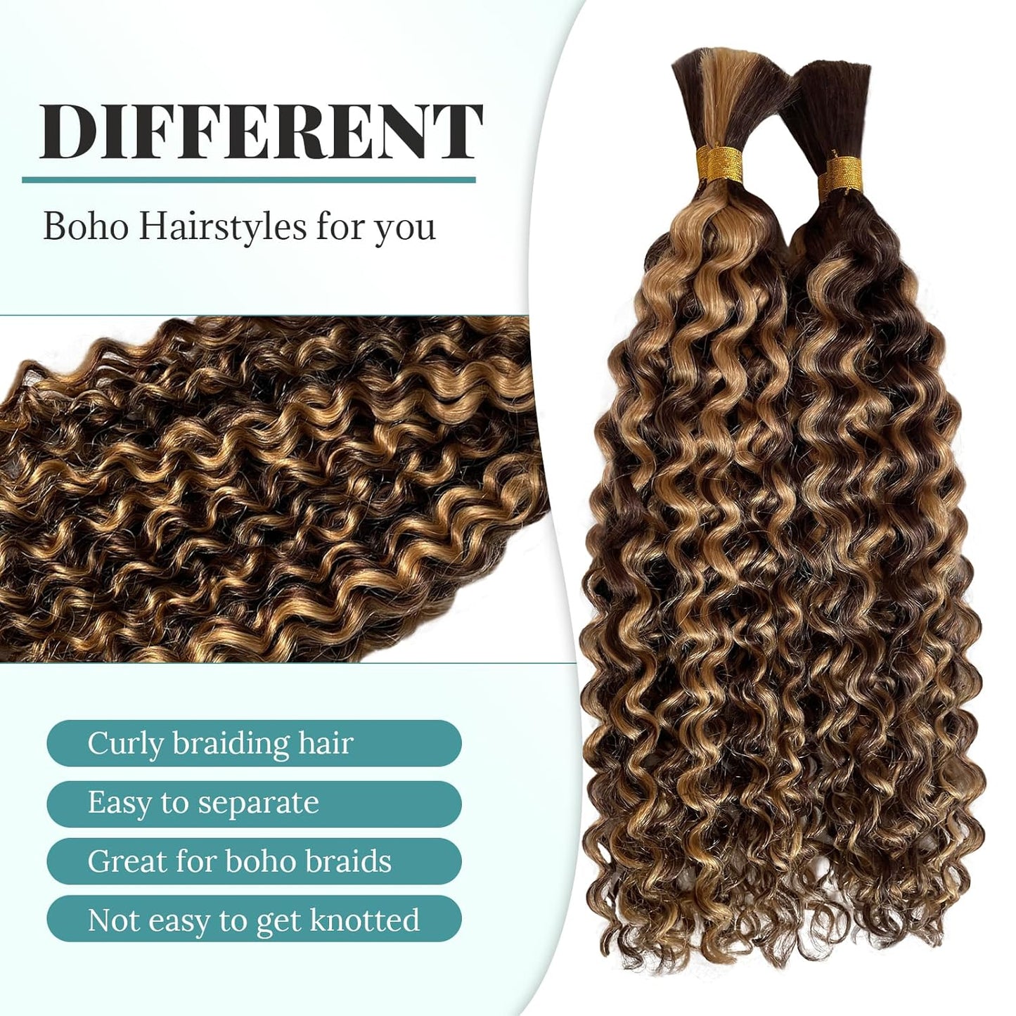 Human Braiding Hair - Deep Wave Ombre Curly Bulk Hair, 100g 2 Bundles | 14in P4/27 Highlight Brown for Boho Braids