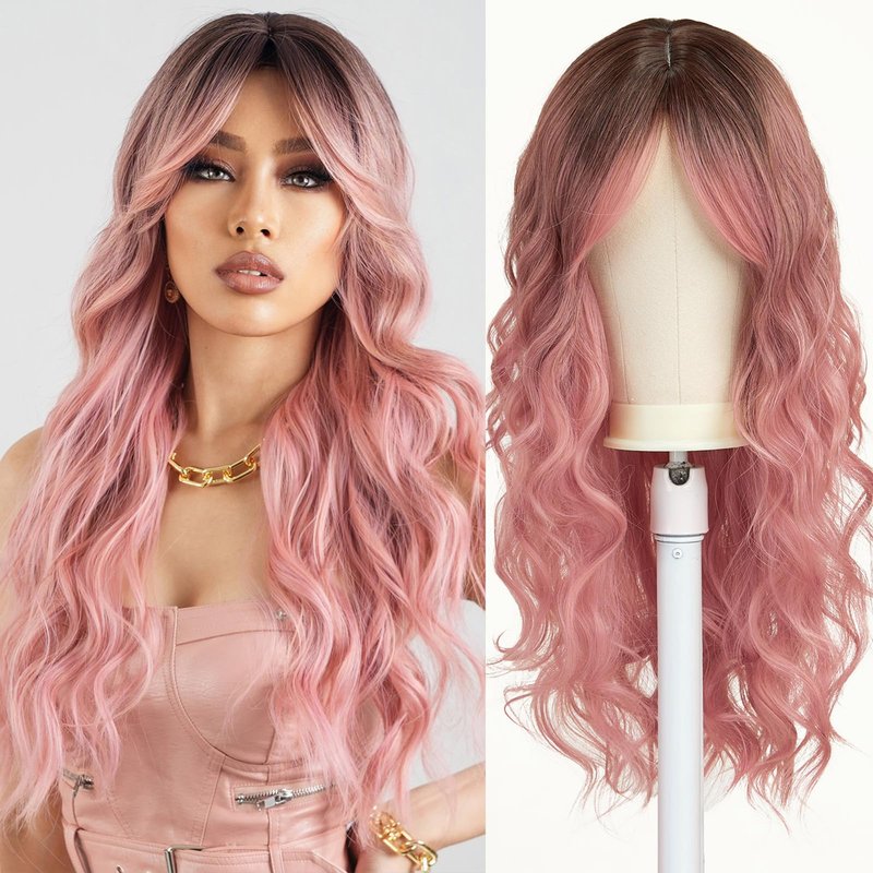 Esmee Long Wavy Pale Pink Wigs for Women Natuaral Synthetic Hair Heat Resistant Ombre Wig for Daily Party Cosplay Use