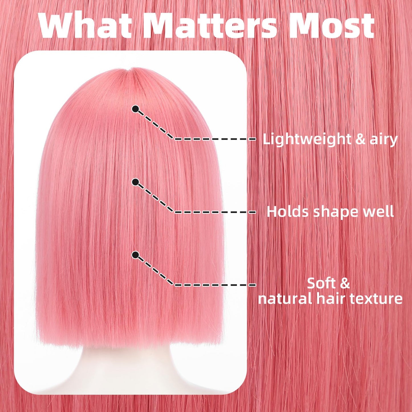 Allbell Pink Bob Wig for Women Short with Bangs 12 inch