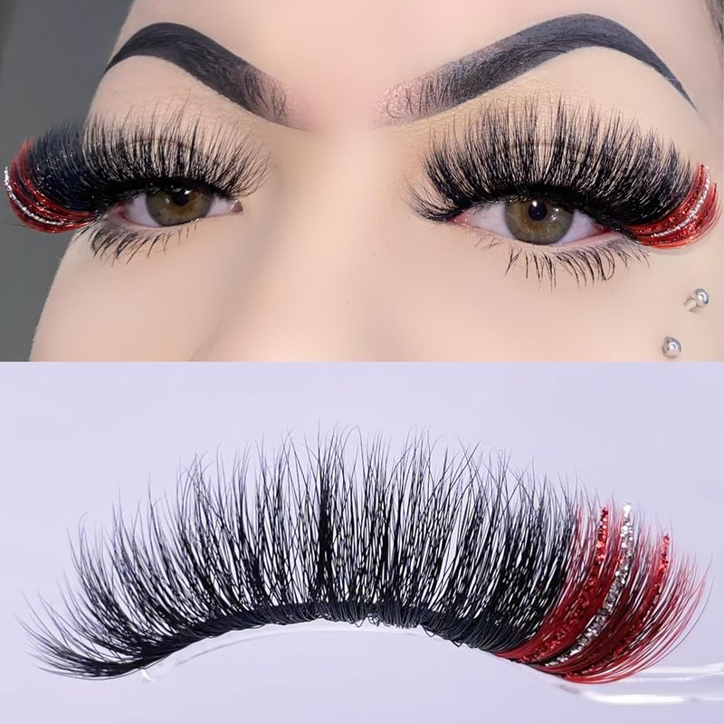 Voluminous Black False Eyelashes with Red Highlights - 18mm Faux Mink Strip Lashes for Dramatic Rave & Cosplay Looks