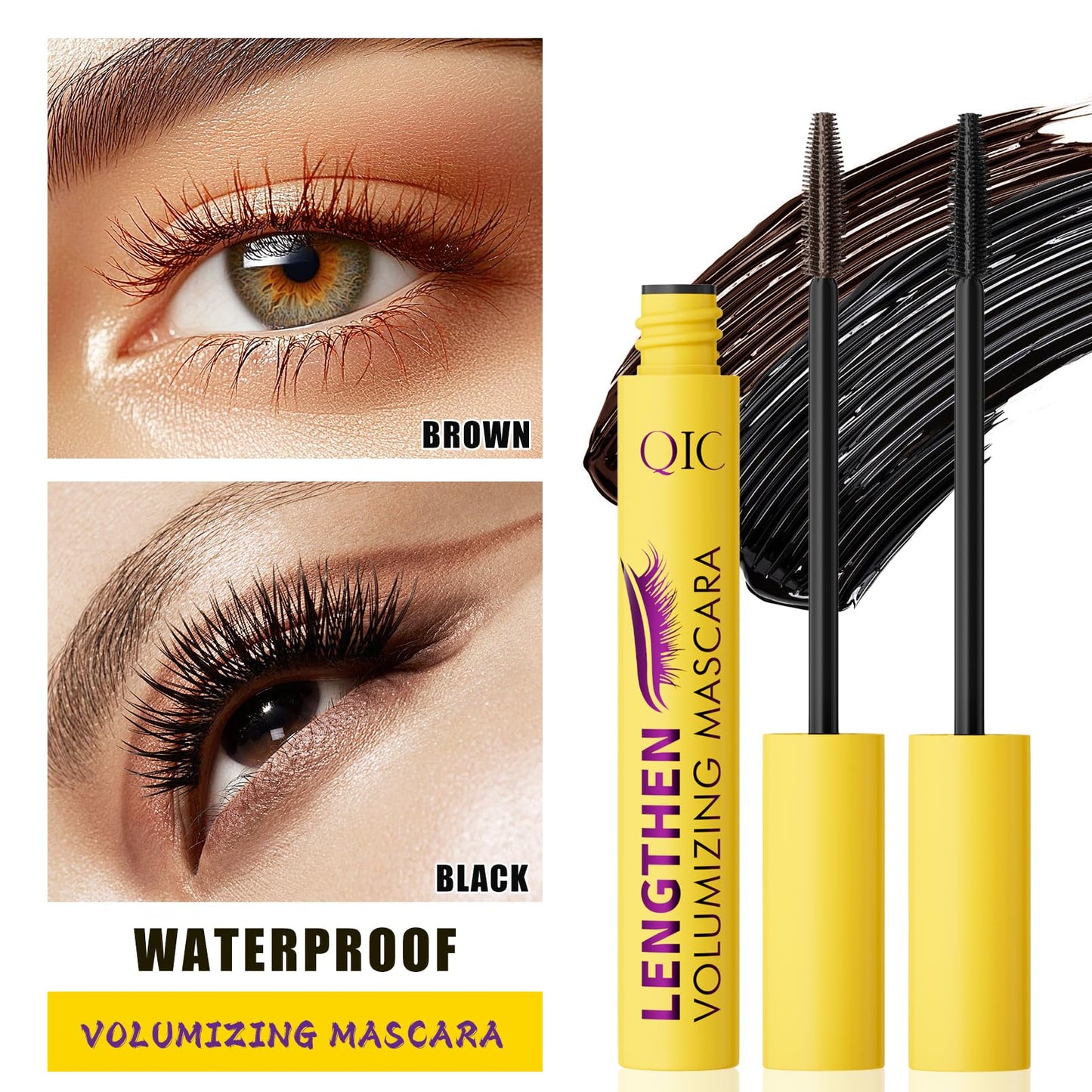 Volumizing & Lengthening Mascara - Waterproof, Smudge-Proof, Buildable Formula for Clump-Free Lashes - Adds Natural Volume & Length - Sweatproof, Long-Lasting, Curling - Easy to Apply (Brown)