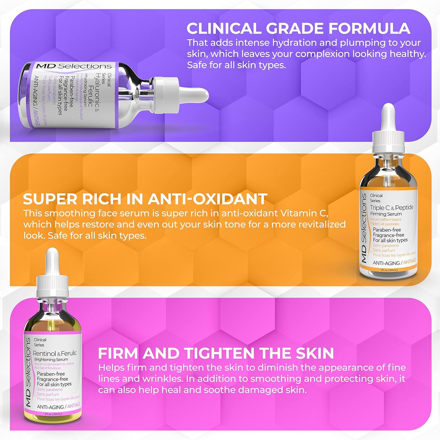 MD Selections Retinol Hyaluronic Triple C Peptide Serum Bundle - Skin Firming & Plumping, 3 Fl Oz