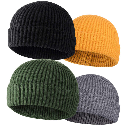 ROYBENS 4pcs Wool Fisherman Beanies for Men, Knit Short Watch Cap Winter Warm Hats