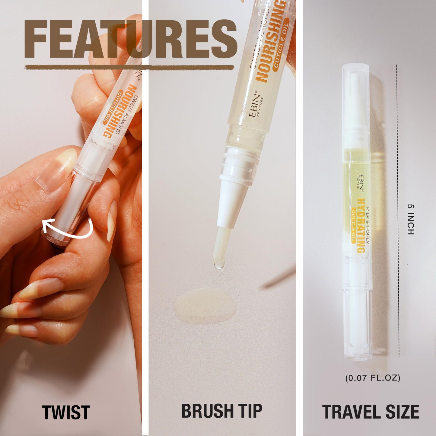 EBIN NEW YORK Cuticle Oil Pen - Hydrating Milk & Honey Infused, Jojoba Oil and Vitamin E Blend to Soften Cuticles and Strengthen Nails, Travel Size