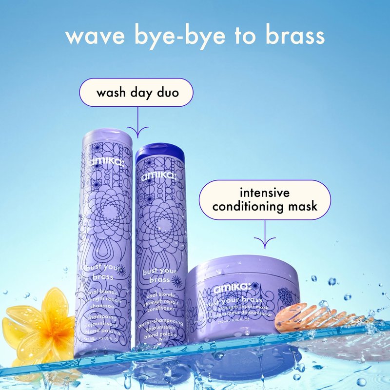 amika bust your brass cool blonde strength repair conditioner, 1000ml