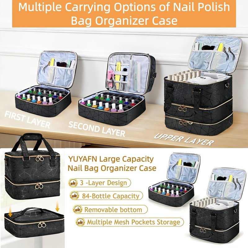 YUYAFN Large Nail Polish Organizer Bag Holds 84 Bottles Nail Polish and a Nail Lamp, PU Leather Nail Kit Storage Carrying Case, Removable Portable Travel Nail Art Tool Storage