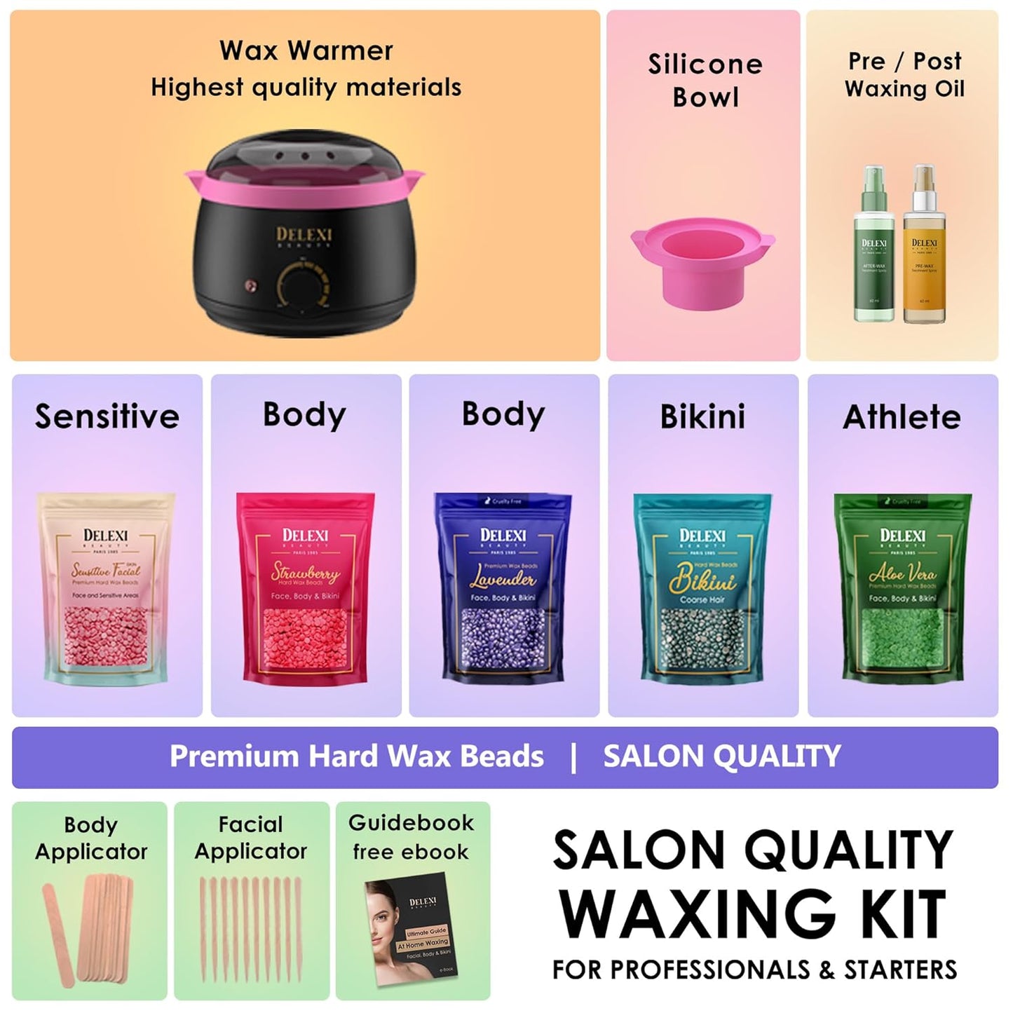 Premium Waxing Kit - Painless Hard Wax Beads & Smart-Heat Warmer for Coarse Hair | 41-Piece Set for Brazilian, Bikini & Face