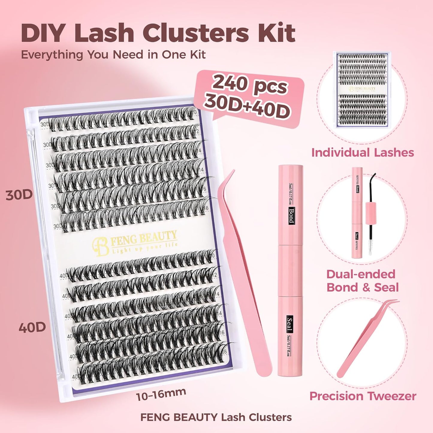 Eyelash Clusters Kit - 240PCS Natural Wispy Extensions with Bond & Seal | Mixed Lengths 10-16mm