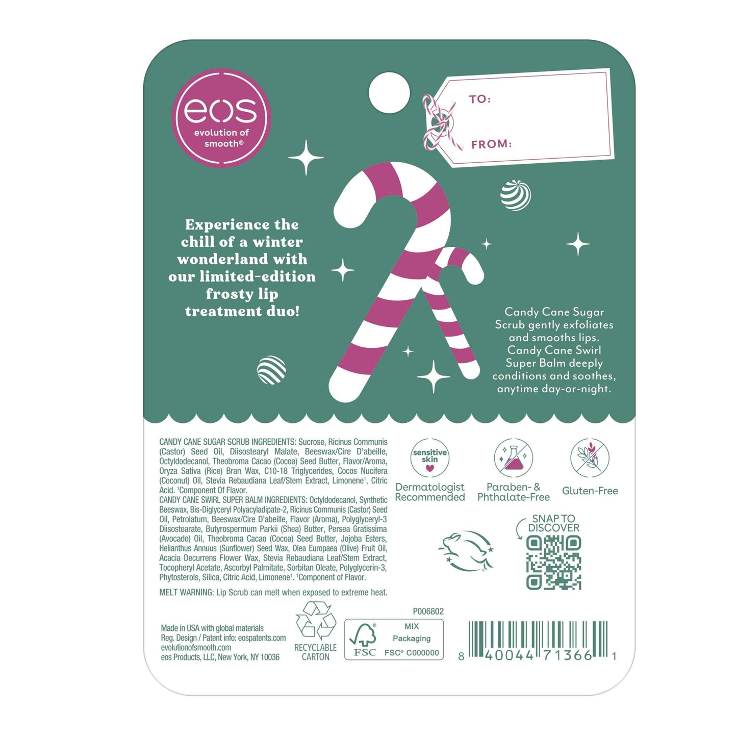 eos Holiday Lip Treatment Gift Set- Candy Cane Swirl Lip Scrub & 24H Moisture Super Balm, Limited-Edition Lip Care, Stocking Stuffers, 4-Pack