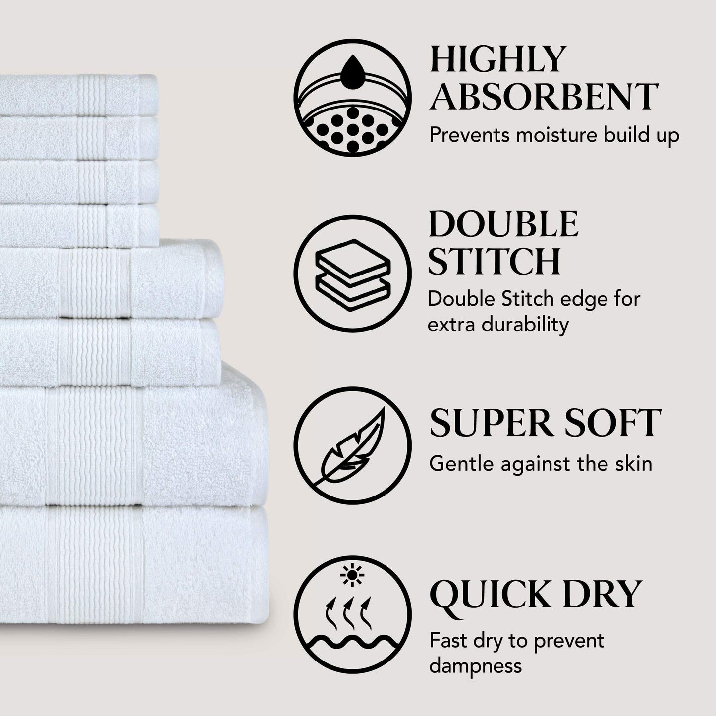 DecorRack 8 Piece Towel Set, Cotton, Highly Absorbent, Super Soft, Quick Dry, 4 Washcloths (13"x13"), 2 Bath Towels (27"x54"), and 2 Hand Towels (16"x28"), White (Set of 8)