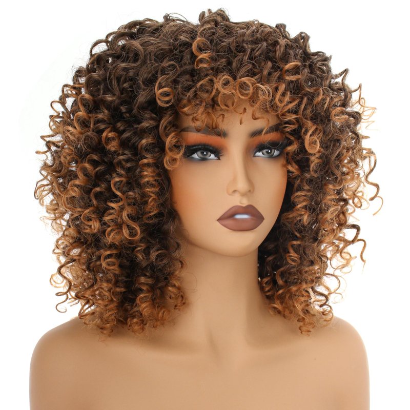 PORSMEER 14inch Black/Brown Curly Wigs for Women,Short Kinky Afro Curly Wigs with Bangs Natural Soft Bouncy Fluffy Heat Resistant Synthetic Hair Wig 70s for Daily or Party