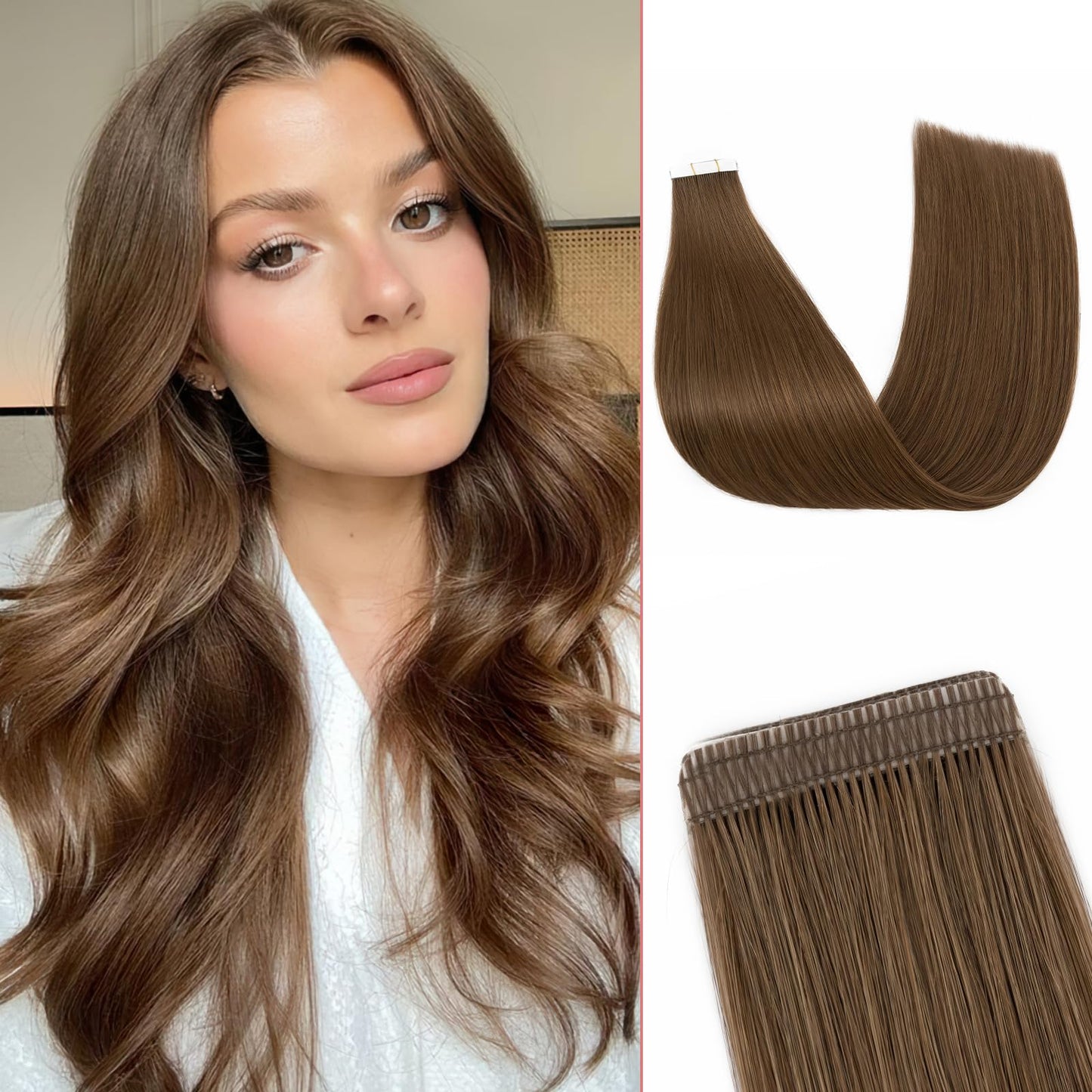 SEGO Double-Stitched Tape in Hair Extensions Human Hair Invisible Tape in Hair Extensions Long Straight Tape Hair Extensions for Women,18 inch,#6 Light Brown,10pcs 25g