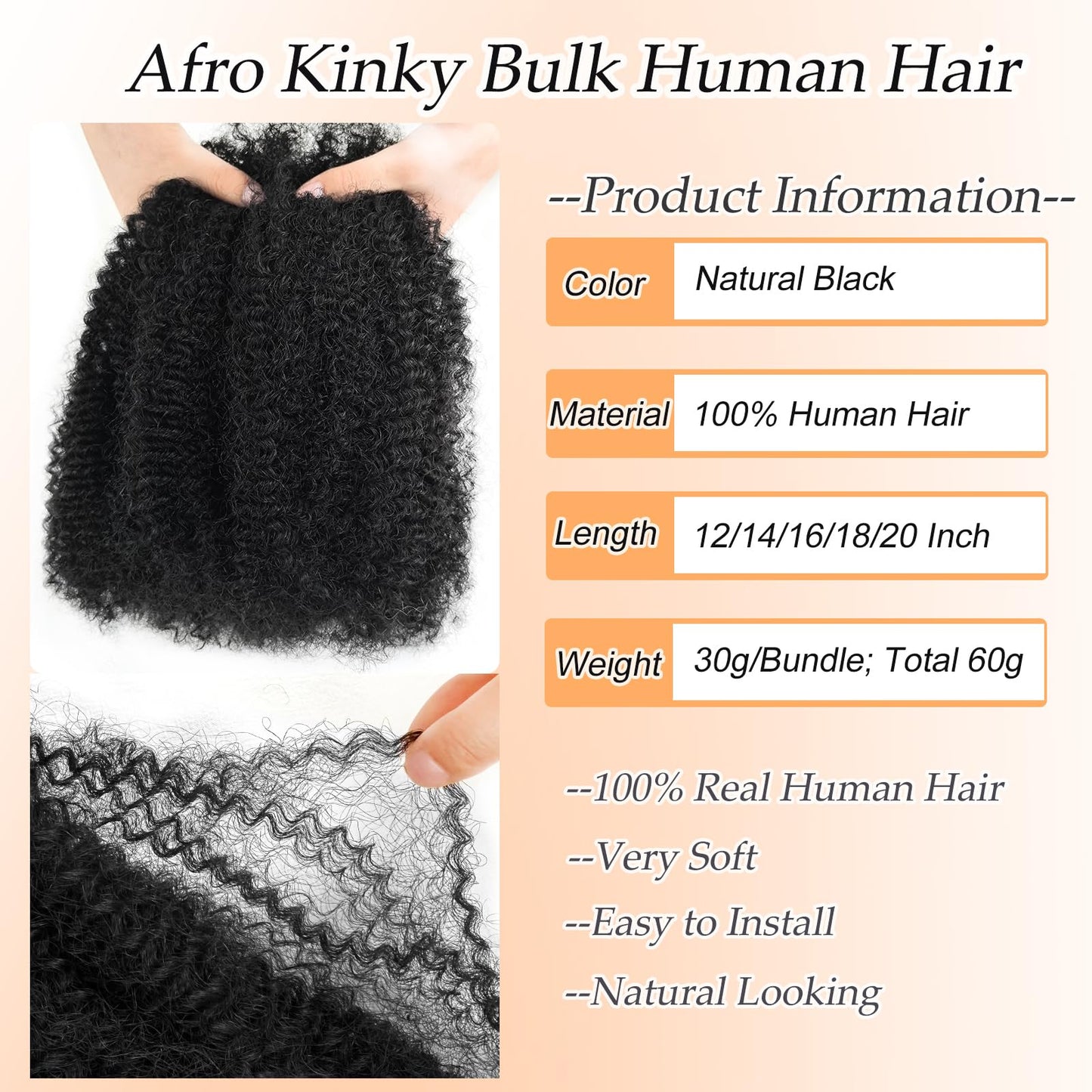 12inch Afro Kinkys Bulk Human Hair For Twist 2 Bundles Afro Kinky-Curly Human Hair Bulk For Twist Dreadlocks Extensions Repair Locs Natural Black (2 Bundles, 12 inch 1B)