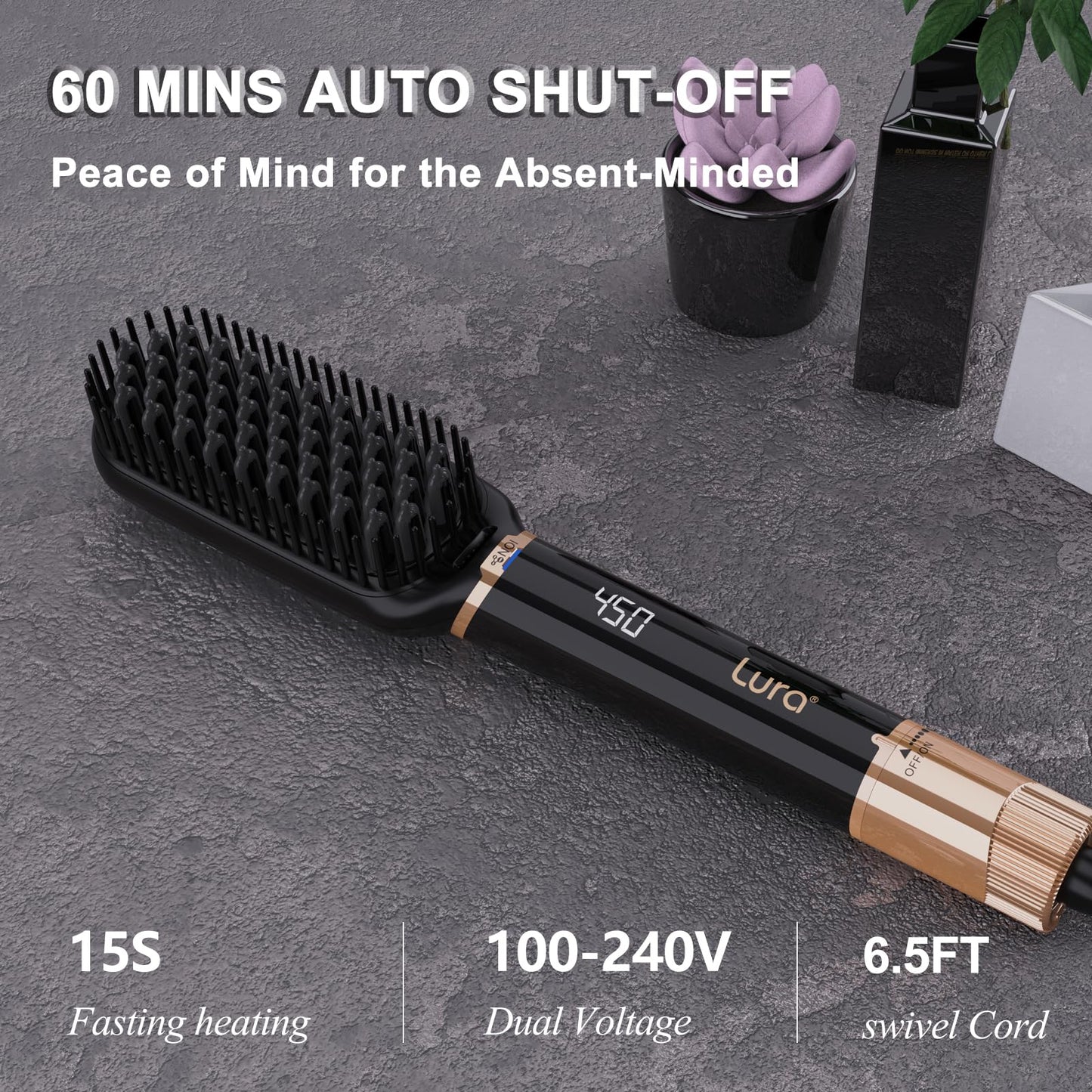 LURA Ionic Hair Straightener Brush,Dual Voltage Hair Straightening Brush for Women,High Heat Flat Iron Brush for Black Women，Ceramic Hair Straightener Comb with 6 Adjust Temperature