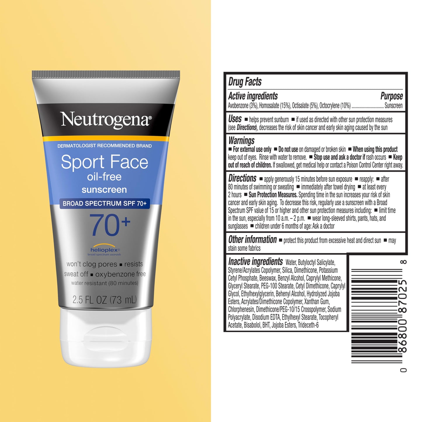 Neutrogena Sport Face Sunscreen Lotion SPF 70+ Oil Free Sweat and Water-Resistant Broad Spectrum UVA UVB Protection Oxybenzone-Free for Active Lifestyles, 2.5 fl oz