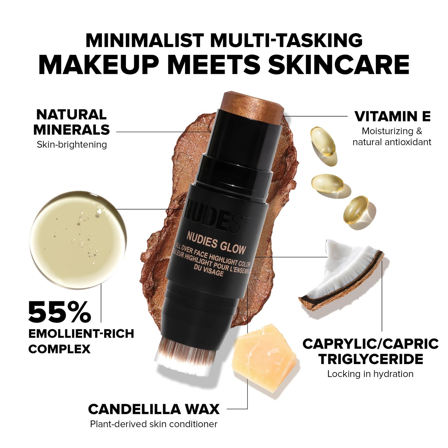 Nudestix Nudies Glow Highlighter Stick – Multi-Use Cream Highlighter for Cheeks, Eyes & Body with Built-In Brush | Dewy, Radiant Finish | Clean, Vegan & Travel-Friendly Makeup (Bubbly Bebe)