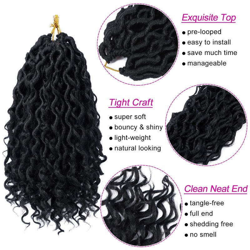 Goddess Locs Crochet Hair 10 Inch 7 Packs Boho Faux Locs Crochet Hair for Black Women Pre Looped Crochet Locs with Curly Ends (#1B)