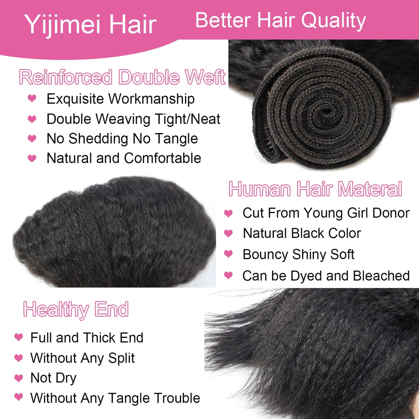 Yijimei Kinky Straight Human Hair Bundles Yaki Straight Human Braiding Hair 100g 22 Inch Human Hair Bundle 100% Unprocessed Brazilian Virgin Hair Natural Black