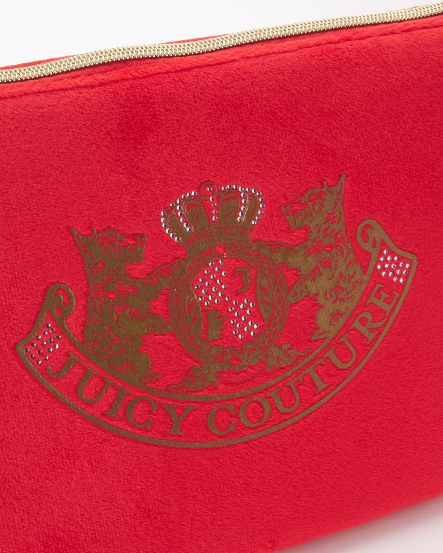Juicy Couture Red Makeup Bag Cosmetics Organizer Travel Essentials Zip Top Wedge Velour Rhinestones Gold Terrier Dogs