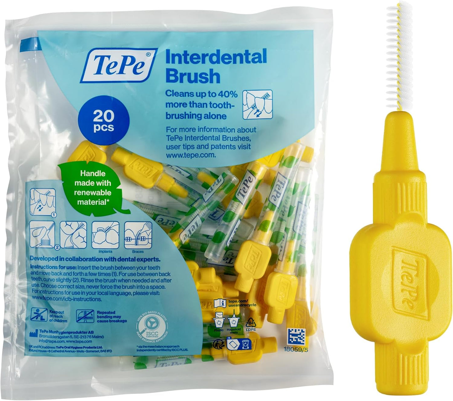 TePe Interdental Brushes - Size 5 (0.8mm) | Pack of 20 Yellow Brushes for Effective Cleaning